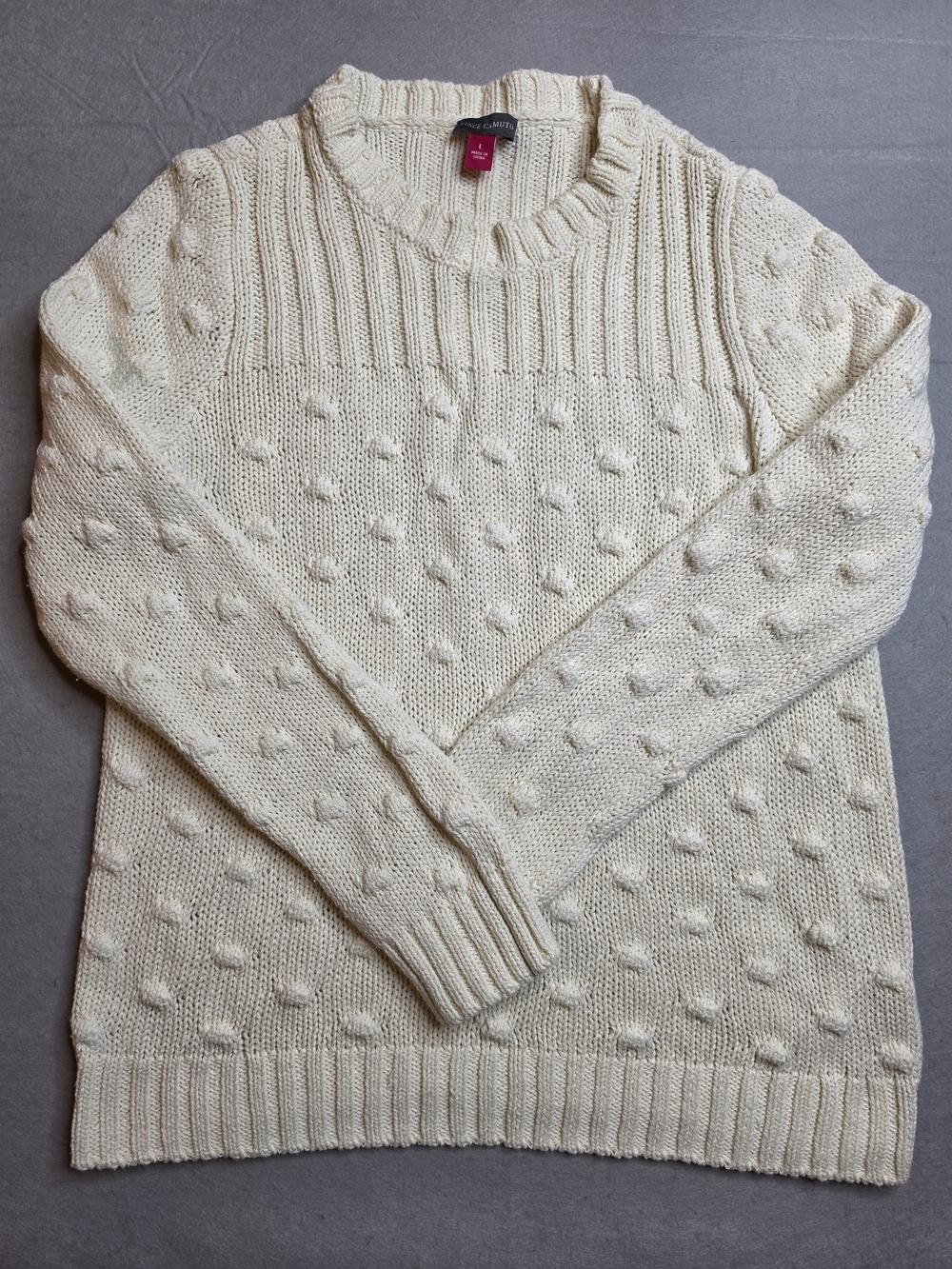 NWOT Vince Camuto Antique White Popcorn Stitch Cotton Crewneck Sweater Large